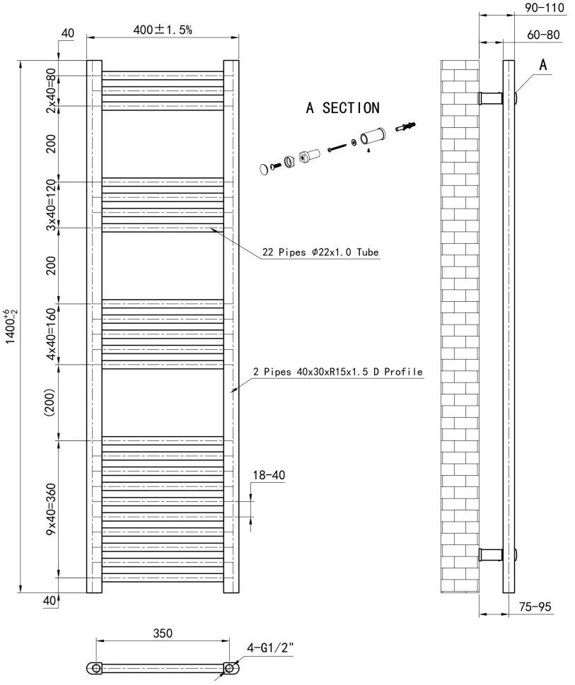 Eastbrook Wendover handdoekradiator 40x140cm 429W chroom