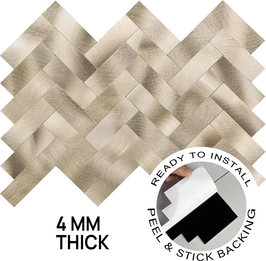 Zelfklevend Mozaiek Visgraat Goud - 25.5 cm x 31.8 cm x 0.40 cm | 0.5 kg | Paneli zelfklevende steenstrips