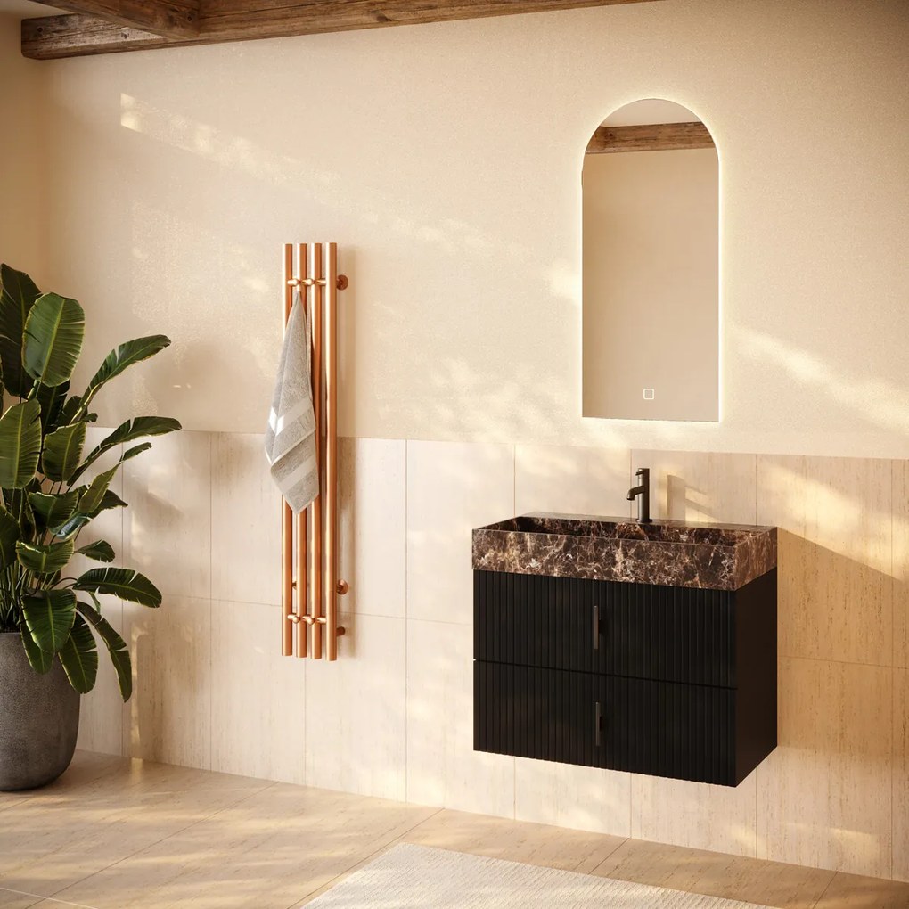 Muebles Murcia badmeubel ribbelfront 80cm zwart mat met Dark Emperador wastafel met kraangat