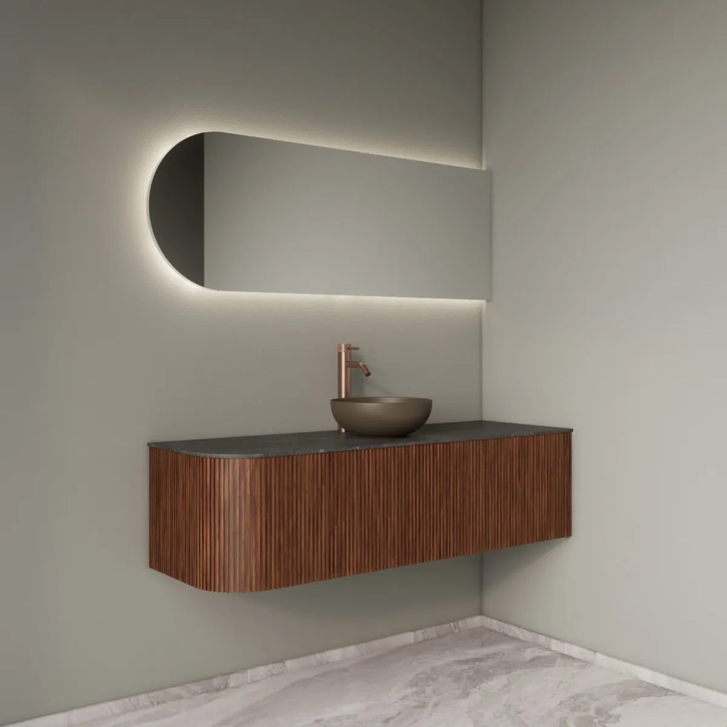 Gliss Design Alluro badmeubel ribbelfront met ronding links 140cm walnut en zwart leisteen toppaneel