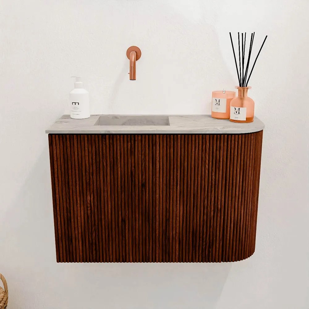 Mondiaz Joya DLux 60cm toiletmeubel ronding rechts ruby met wastafel faye links zonder kraangat glace