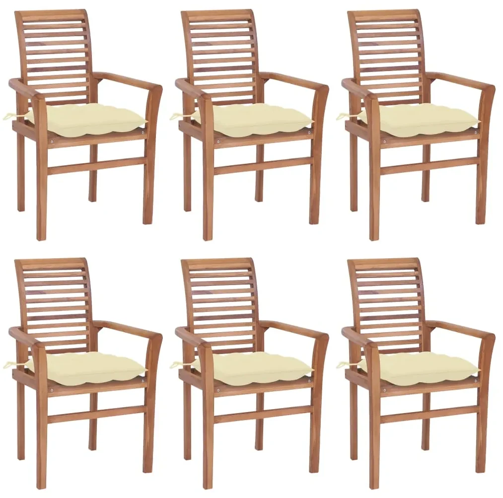 vidaXL Eetkamerstoelen 6 st met crèmewitte kussens massief teakhout