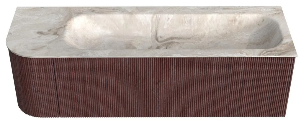 Mondiaz Kurve-dlux 145cm badmeubel ronding links ruby met 1 lade en deur en wastafel big large rechts zonder kraangat frappe