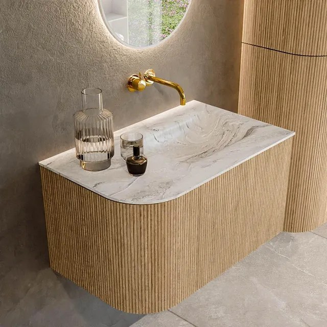 MONDIAZ KURVE-DLUX 75cm badmeubel met module 25 L kleur Oak met 1 lade en 1 deur. Wastafel GRUNNE rechts zonder kraangat kleur Glace. KRVGRU75L1L1D0KR-Oak/Gla