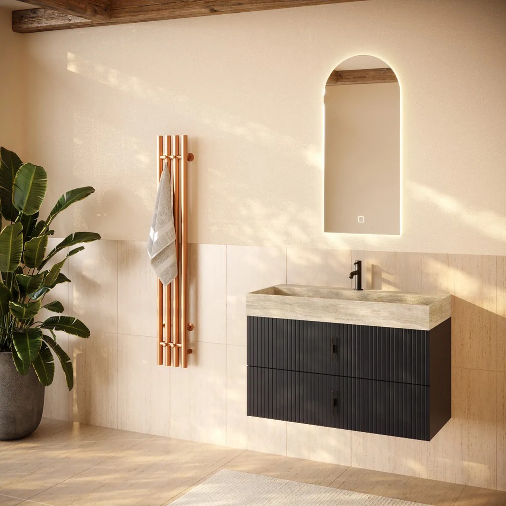 Muebles Murcia badmeubel ribbelfront 100cm antraciet met White Travertin wastafel met kraangat