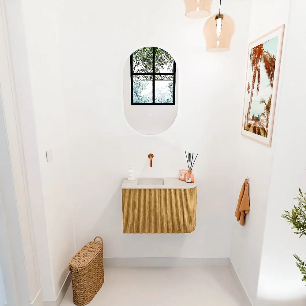 Mondiaz Joya DLux 60cm toiletmeubel ronding rechts oak met wastafel faye links zonder kraangat ostra