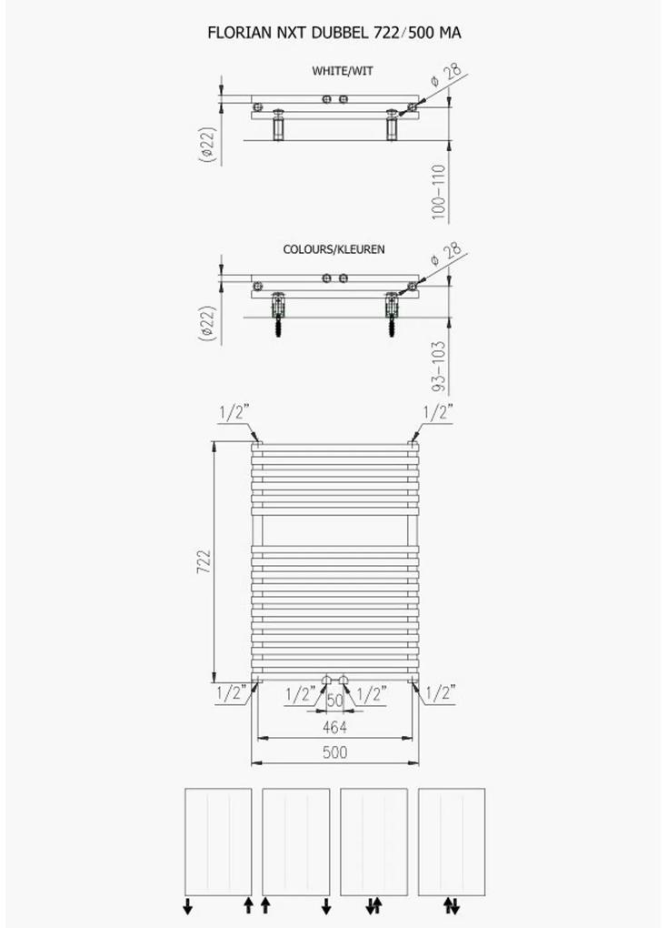 Designradiator Florion Nxt Dubbel 72,2 x 50 cm 505 Watt met Middenaansluiting Wit