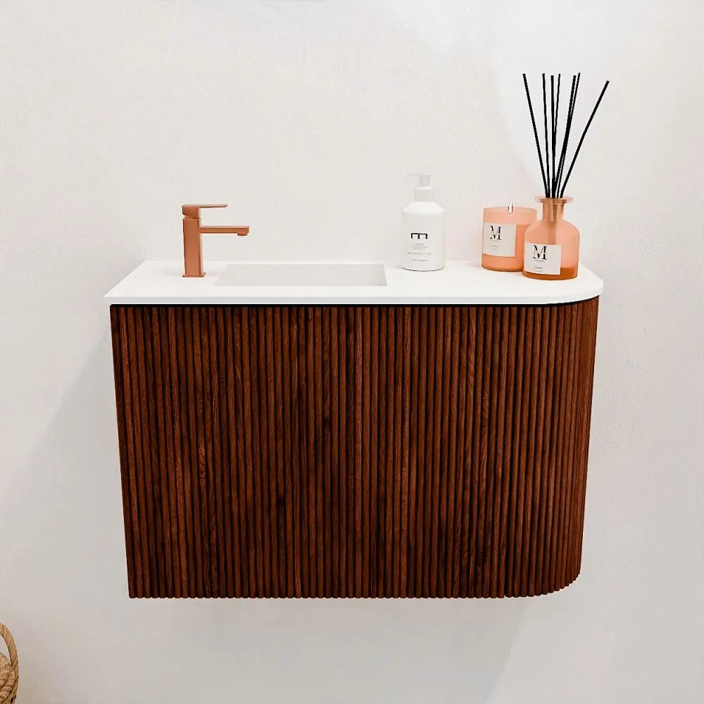 Mondiaz Joya 60cm toiletmeubel ronding rechts ruby met wastafel faye links 1 kraangat talc