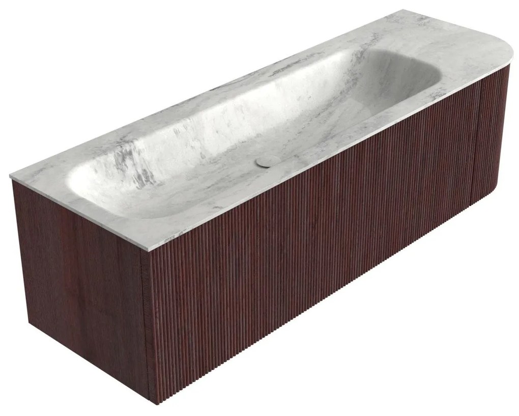 Mondiaz Kurve-dlux 145cm badmeubel ronding rechts ruby met 1 lade en deur en wastafel big large links zonder kraangat opalo