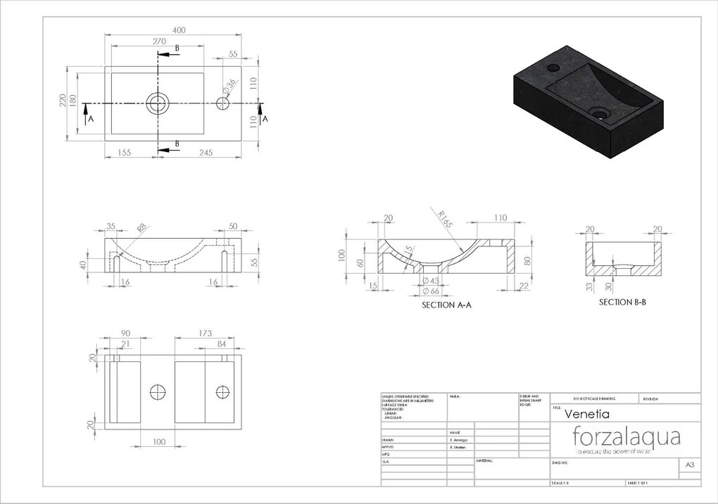 Forzalaqua Venetia fontein 40x20cm links met kraangat graniet gepolijst