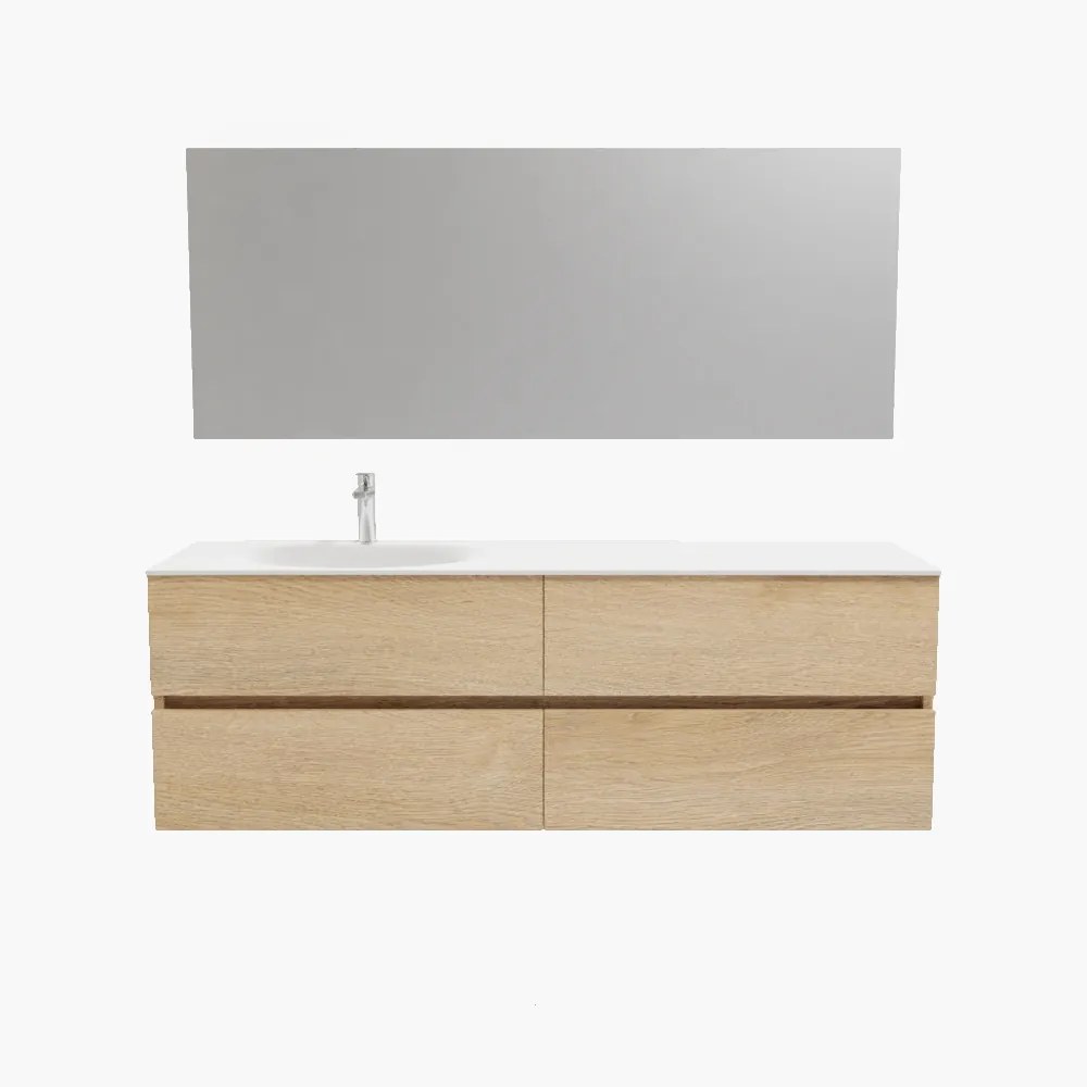 Zaro Sevilla Solid Surface badmeubel 150cm licht eiken 1 kraangat spoelbak links met 4 lades