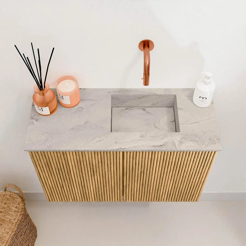 Mondiaz Joya DLux 60cm toiletmeubel oak met wastafel faye rechts zonder kraangat glace