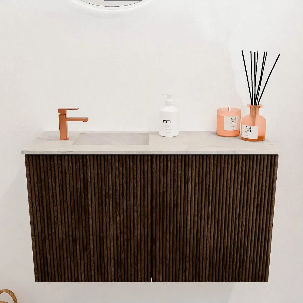 Mondiaz Joya DLux 70cm toiletmeubel walnut met wastafel faye links 1 kraangat ostra