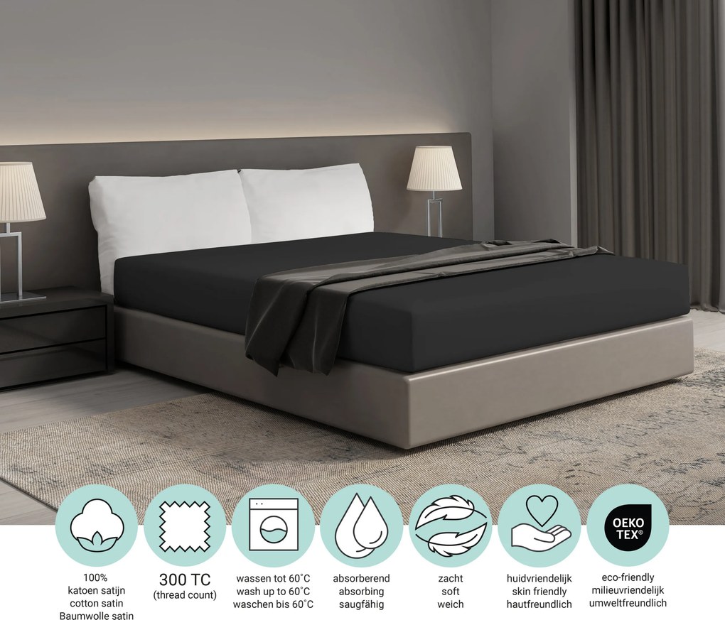 Hoeslaken King – 100% katoensatijn – 90×200 – zwart