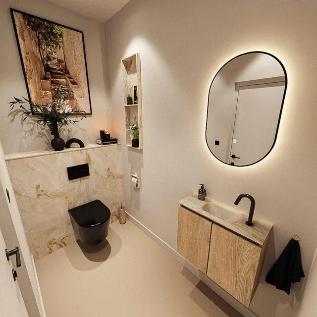 MONDIAZ TURE-DLUX 60cm toiletmeubel Washed Oak. EDEN wastafel Frappe positie midden. Met 1 kraangat. TUREDX60WASM1FRA