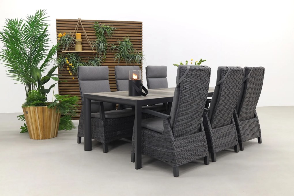 Darwin/Kings 6-persoons wicker verstelbare tuinset 220x100 cm. - Antraciet/Houtlook