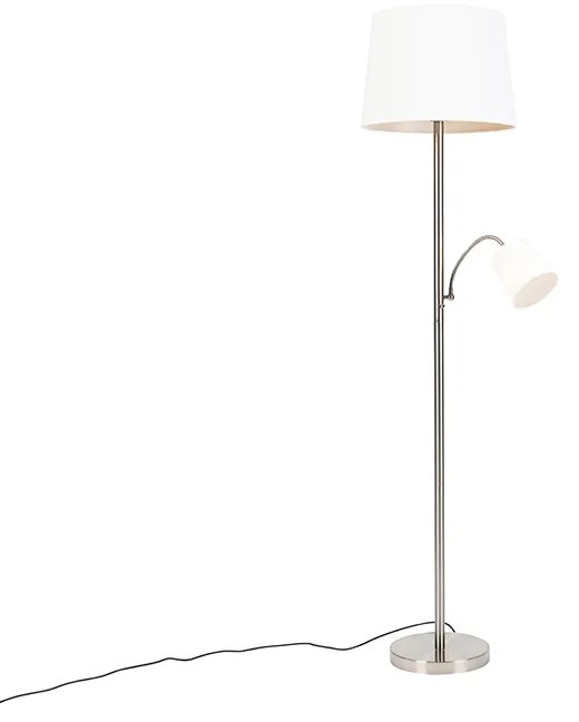 Klassieke vloerlamp staal met witte kap en leeslampje - Retro