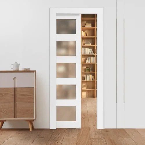 VEVOR Schuifdeur (765 x 2035 mm) 5-delige gematteerde glazen enkele schuifdeur met bevestigingsset, massief houten en MDF schuifdeurpaneel met waterdicht oppervlak voor slaapkamer, keuken, thuiskantoor