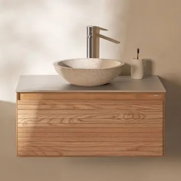 Tedrik Zwevend Badkamermeubelset Van Essenhout Ash Brown & Rond Cement Wit Ø40 Cm Zavion & Spiegelloze & Geborsteld Grijs ↑30 - Sklum