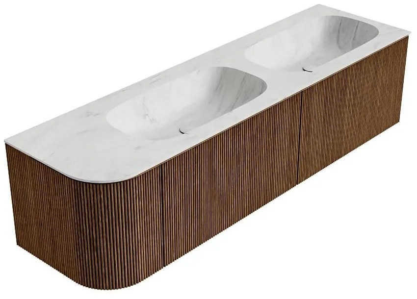 Mondiaz Kurve-dlux 165cm badmeubel ronding links walnut met 2 lades en 1 deur en wastafel stor small dubbel/rechts zonder kraangat opalo