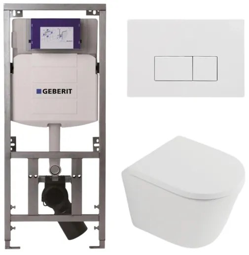 QeramiQ Dely Toiletset - 36.3x51.7cm - diepspoel - rimless - Geberit UP320 burda inbouwreservoir - softclose toilet zitting 35 mm - glans witte bedieningsplaat - rechthoekige knoppen - mat wit SW1026254/SW1000767/0701131/SW706187