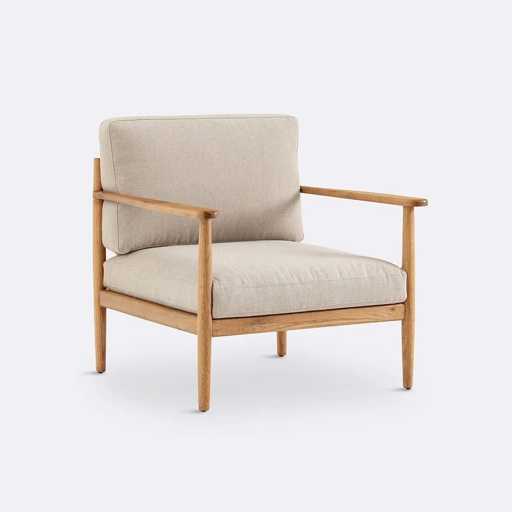 Vintage eiken fauteuil, katoen en linnen, Malora