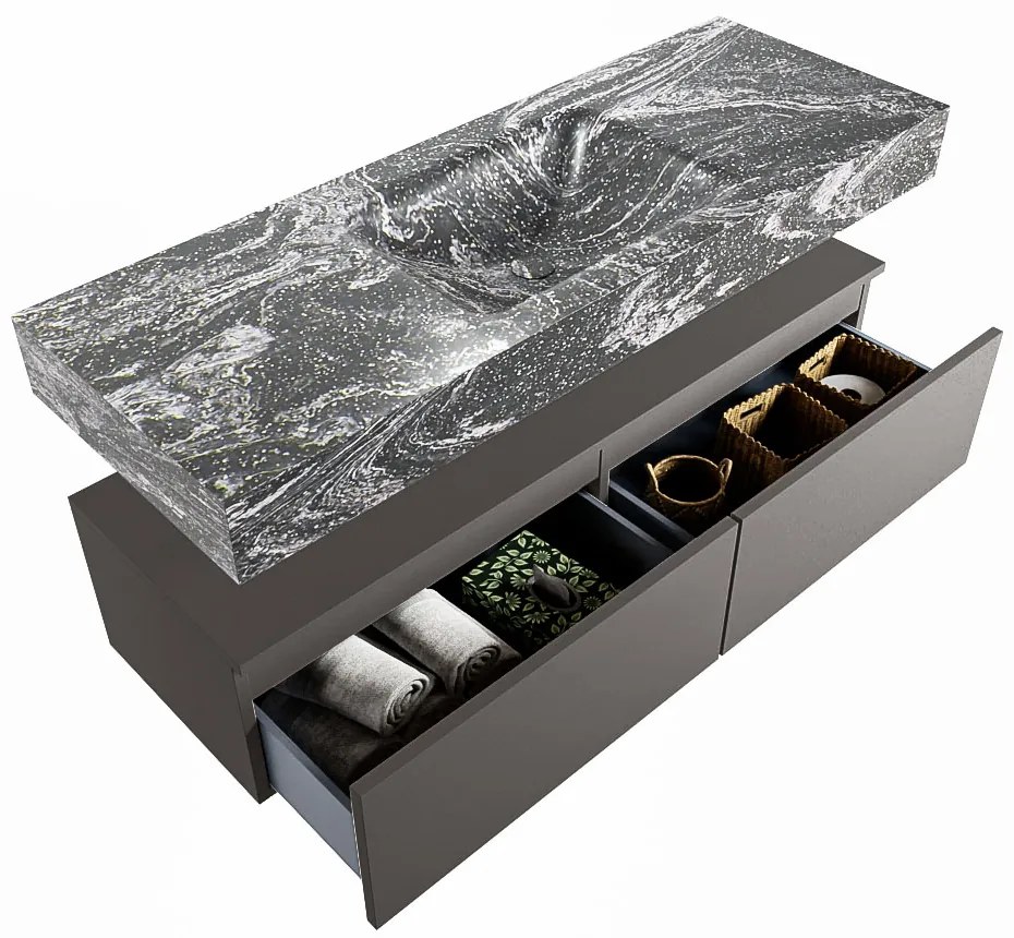 Mondiaz Alan DLux badmeubel 130cm dark grey 2 lades met wastafel lava midden zonder kraangat