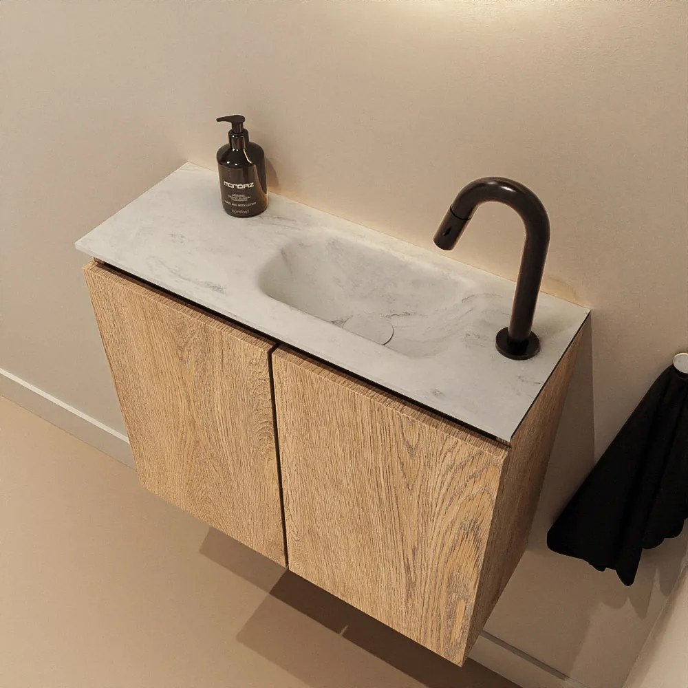 Mondiaz Ture DLux toiletmeubel 60cm washed oak met wastafel opalo rechts met kraangat