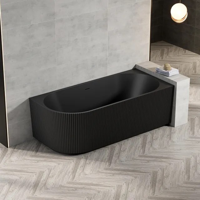 Zeza Nuo Half Vrijstaand Bad - 170x80x58cm - rechts - ribbel - met afvoer - mat zwart 7103R_MB