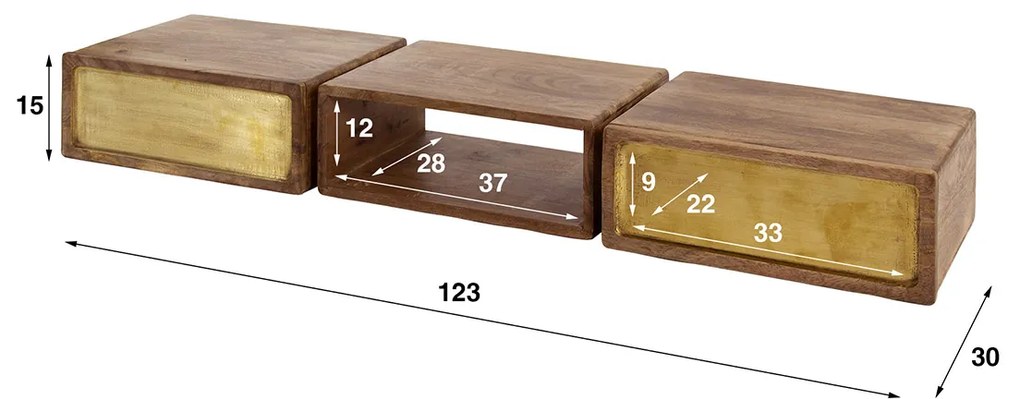 Zwevende Sidetable Mangohout En Goud - 123 X 30cm.