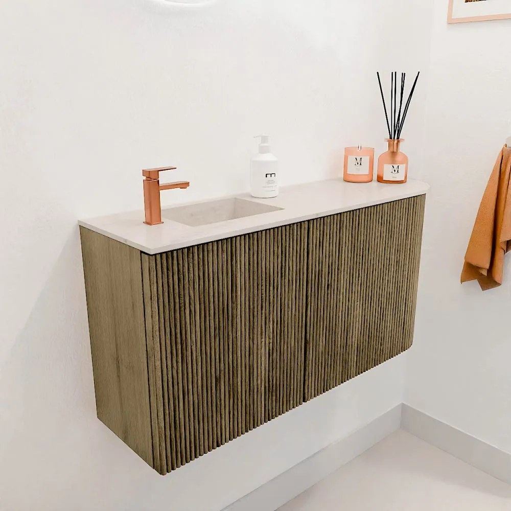 Mondiaz Joya DLux 80cm toiletmeubel ronding rechts dusk met wastafel faye links 1 kraangat meli