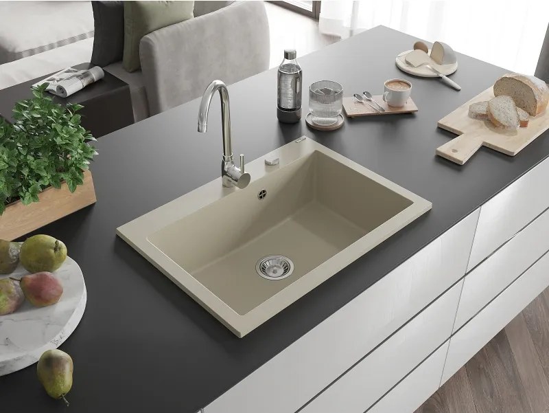 Mexen Elix granieten gootsteen 1-kamerig 700 x 500 mm, beige, chromen sifon - 6526701005-69