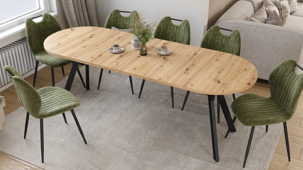Mazzoni ALMO Artisan Eiken / zwarte poten - OVALE UITSCHUIFTAFEL 140-240 cm VOOR 10-12 PERSONEN