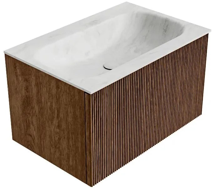 Mondiaz Kurve-dlux 70cm badmeubel walnut met 1 lade en wastafel big small midden 1 kraangat opalo