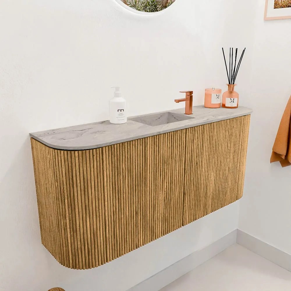 Mondiaz Joya DLux 95cm toiletmeubel ronding links/rechts oak met wastafel faye midden 1 kraangat glace