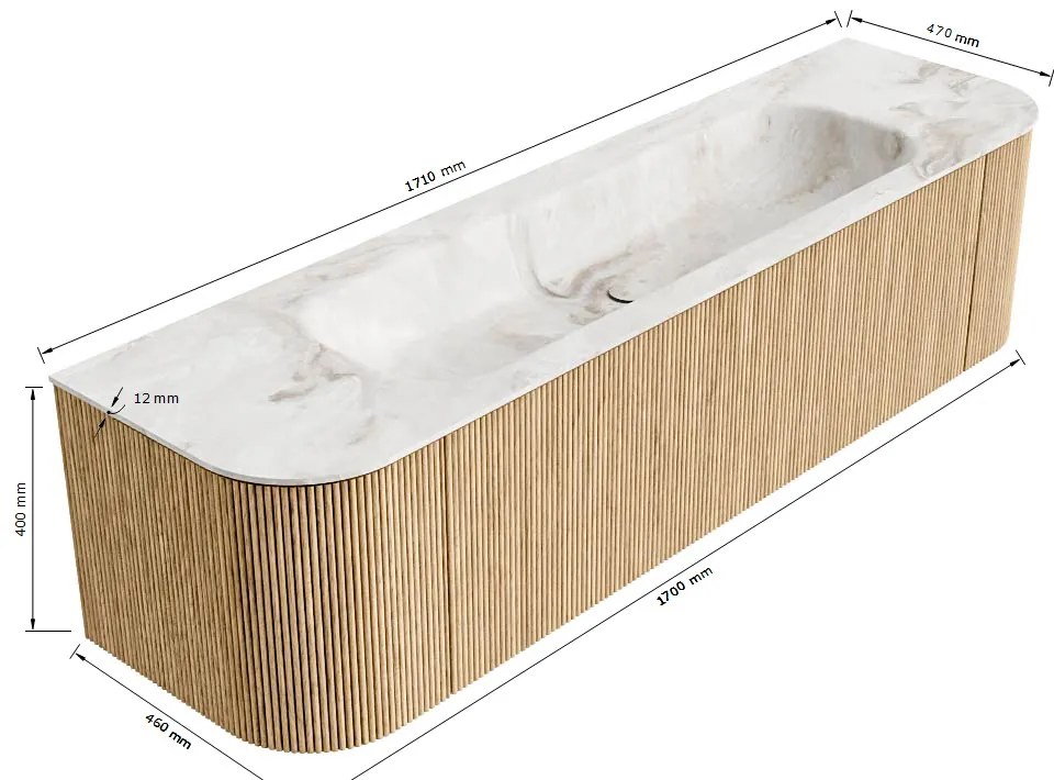 Mondiaz Kurve-dlux 170cm badmeubel ronding links/rechts oak met 1 lade en 2 deuren en wastafel big large midden 2 kraangaten lava