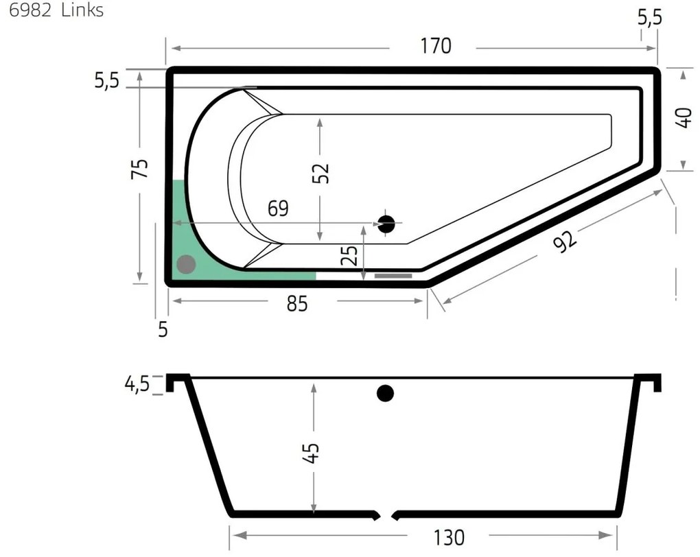 Xenz Lagoon Compact badkuip links 170x75x45cm antraciet