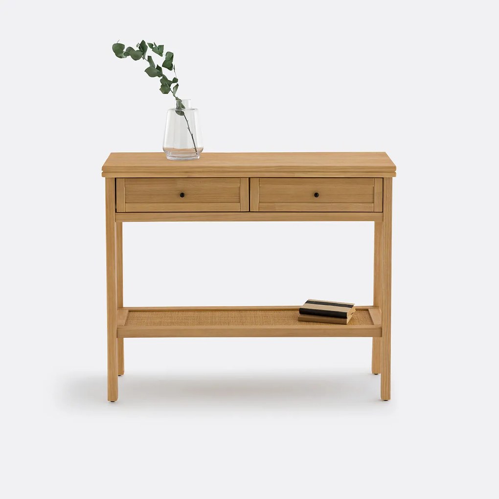 Console met dubbel plateau massief dennenhout en vlechtwerk Gabin