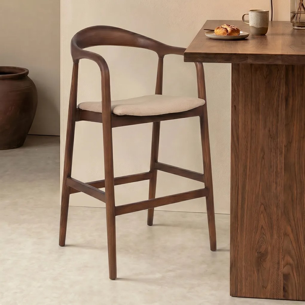 Barstoel Walnoot Hout Met Beige Zitting