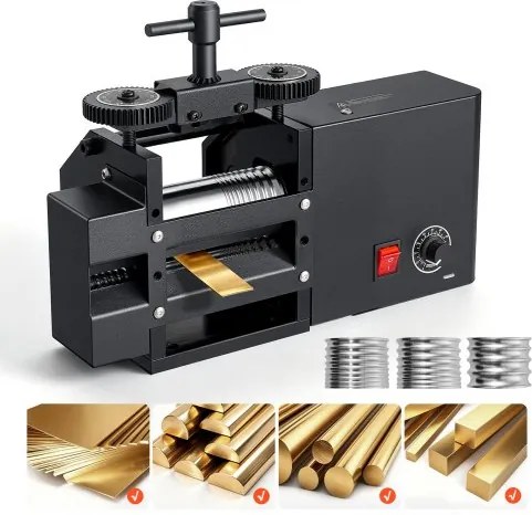 VEVOR elektrische sieradenwalsmachine 60 mm 4-in-1 rond, plat, vierkant en halfrond, gereedschap voor doe-het-zelf sieradenmakers, instelbare dikte 0,03–7 mm, voor het persen van kneedbare metalen zoals goud, zilver en koper.