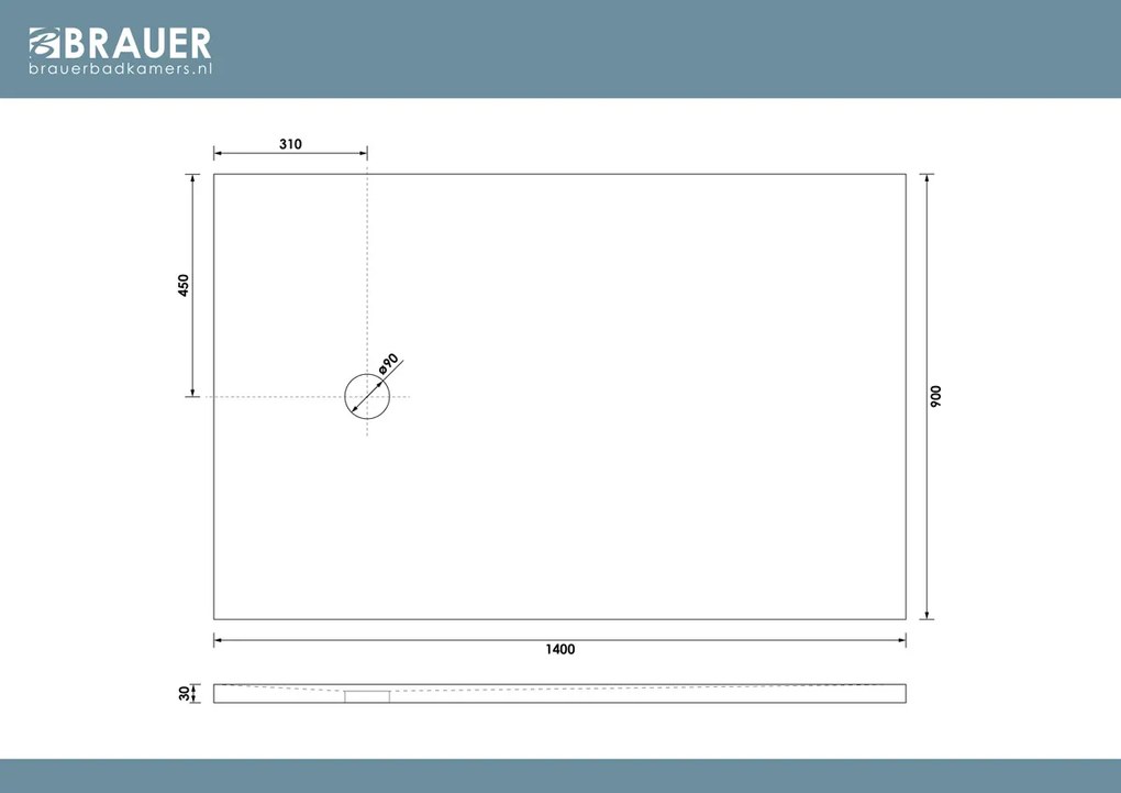 Brauer Asteroid douchevloer 90x140cm mineraalmarmer wit mat