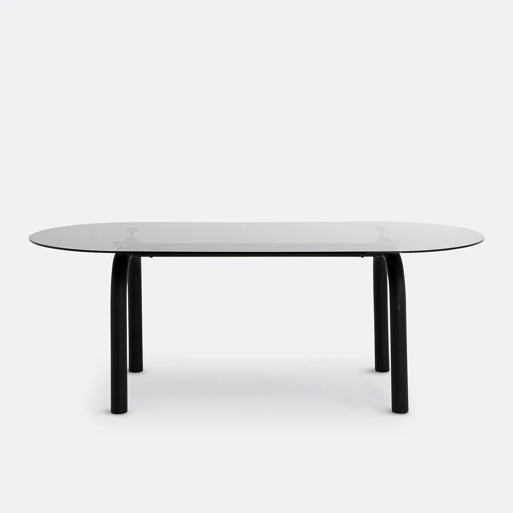 Ovale eettafel, gerookt glas en staal, 6 tot 8 couverts, POLLY