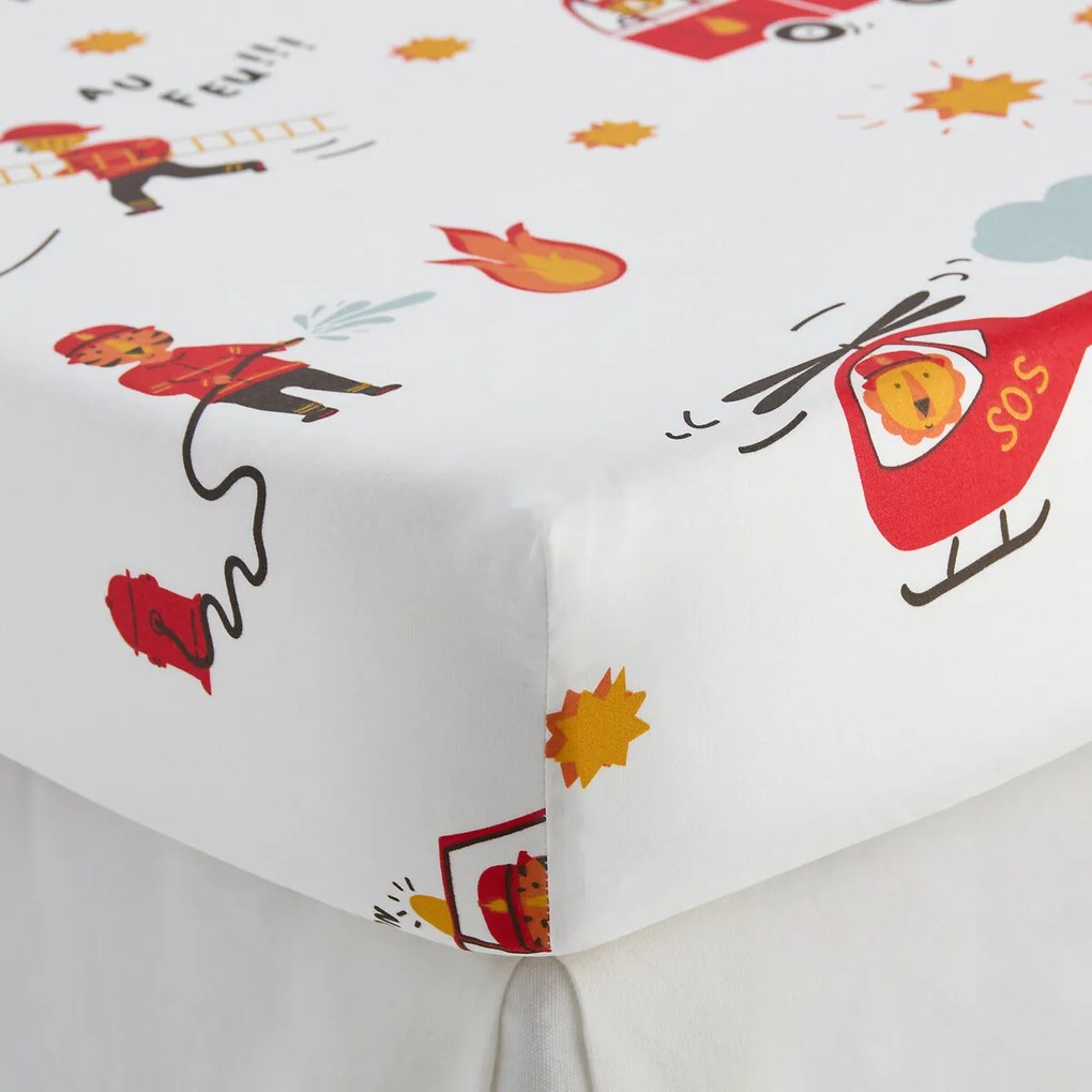 Hoeslaken voor kinderen, 30% gerecycled katoen, brandweerman opdruk, kap van 25 cm, BRANDWEERMAN SAM