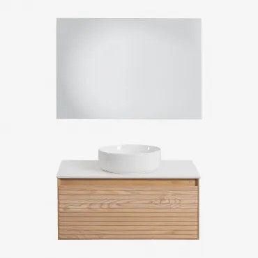 Tedrik Badkamermeubelset In Essenhout Ash Brown & Rond Keramiek Wit Ø40 Cm Lenka & Rechthoekige Led En Anticondens 100x70 Cm Tamsin & Zonder Kraan -