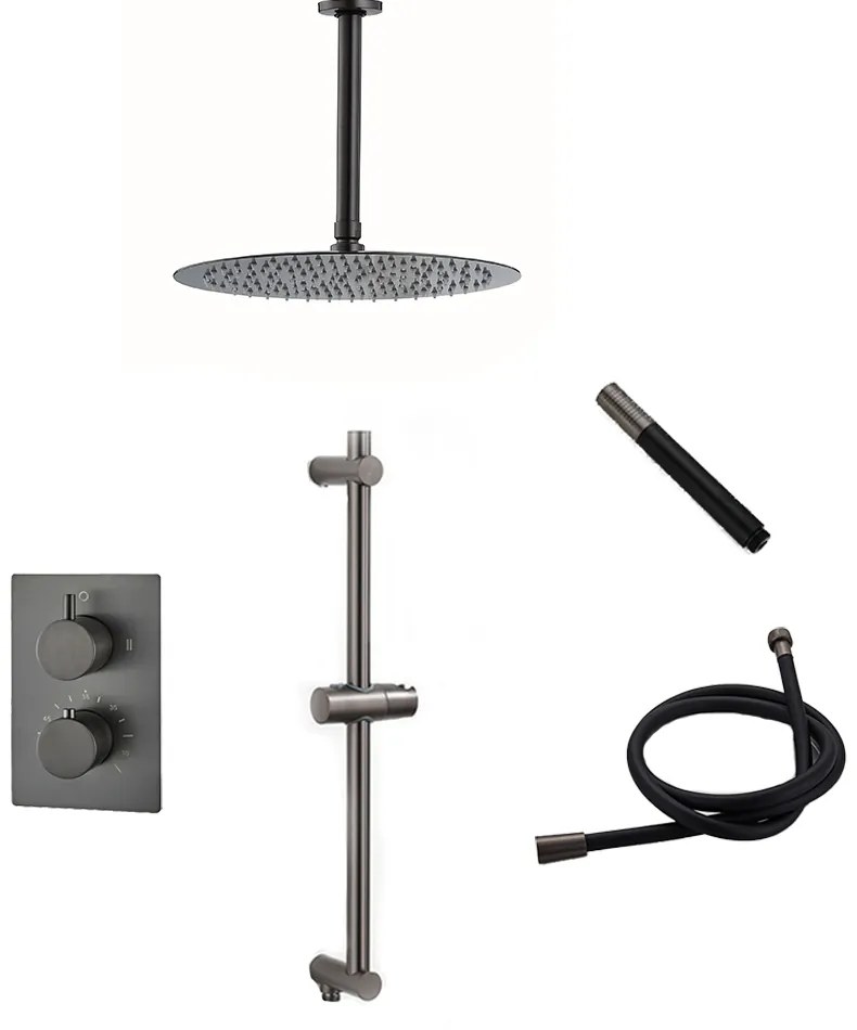 Saniclear Iron Pro inbouw regendouche met plafondarm, 30cm hoofddouche en glijstang verouderd ijzer - gunmetal
