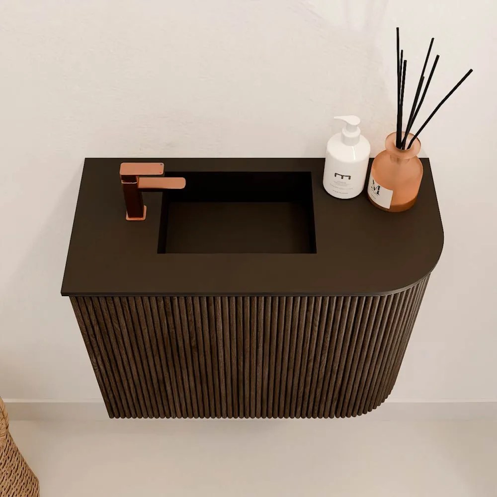 Mondiaz Joya 50cm toiletmeubel ronding rechts walnut met wastafel faye links 1 kraangat urban