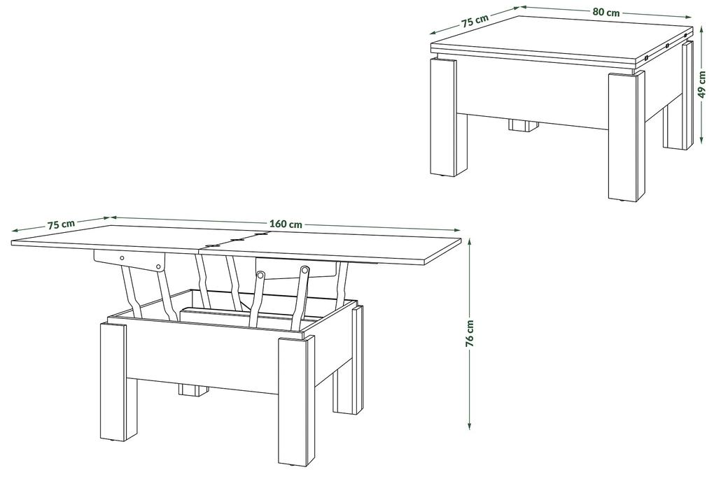 Mazzoni OSLO wit / zwart mat, uitklapbare salontafel met in hoogte verstelbaar blad