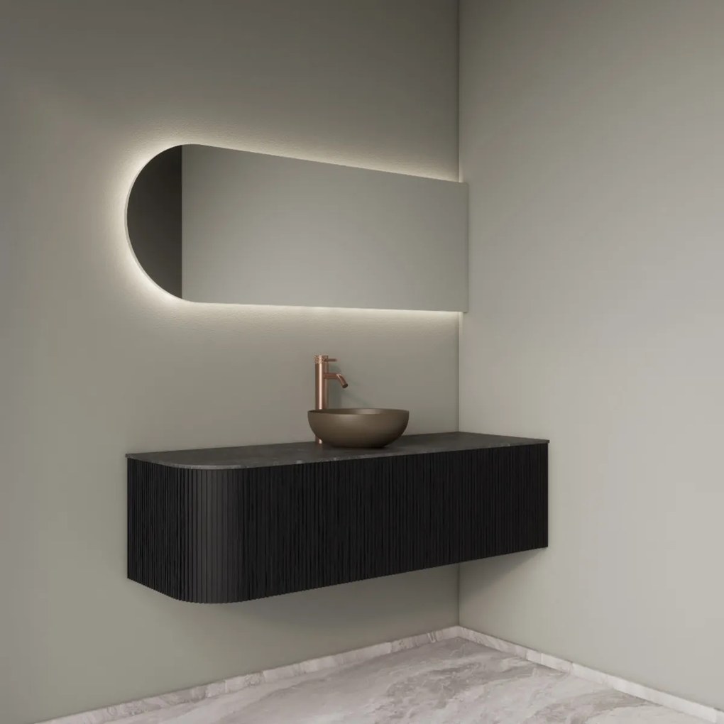 Gliss Design Alluro badmeubel ribbelfront met ronding links 140cm black en zwart leisteen toppaneel