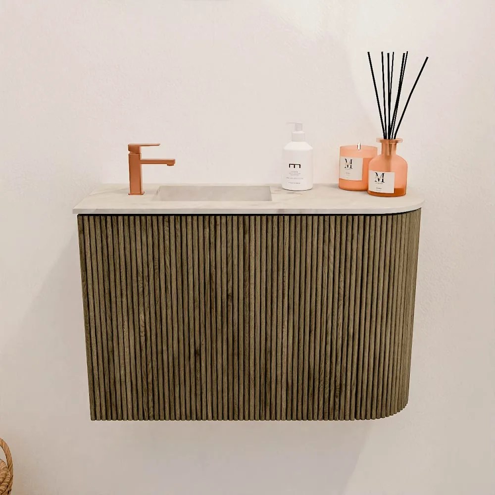 Mondiaz Joya DLux 60cm toiletmeubel ronding rechts dusk met wastafel faye links 1 kraangat frappe