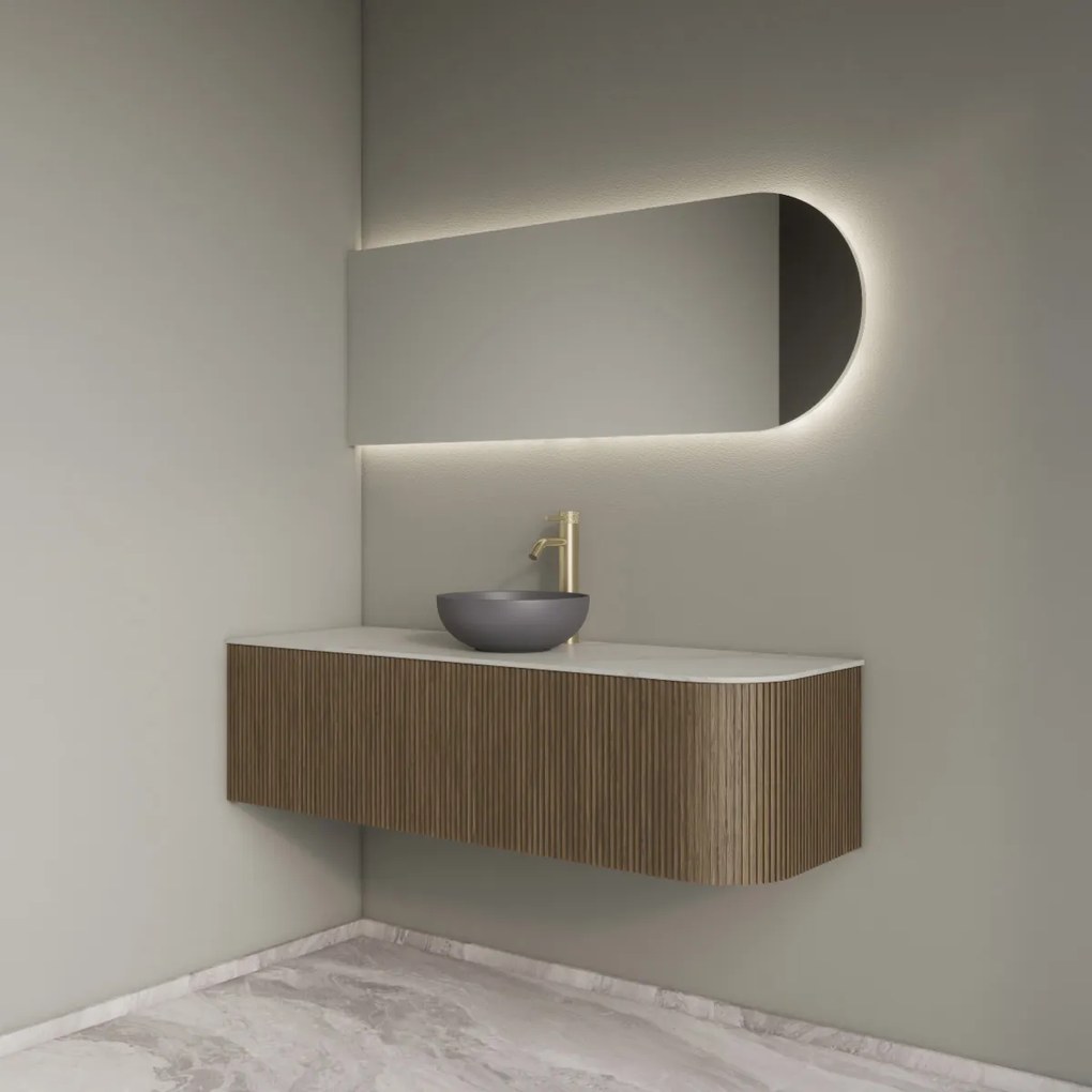 Gliss Design Alluro badmeubel ribbelfront met ronding rechts 140cm ash grey en wit marmer toppaneel